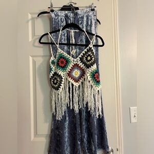 Blueish Purple Velvet Bell Bottom Pants Crochet Top 70s Disco Costume Medium